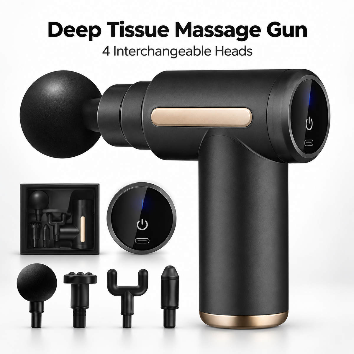 Rechargeable Mini Massage Gun with 4 Heads – Portable Deep Tissue Muscle Massager