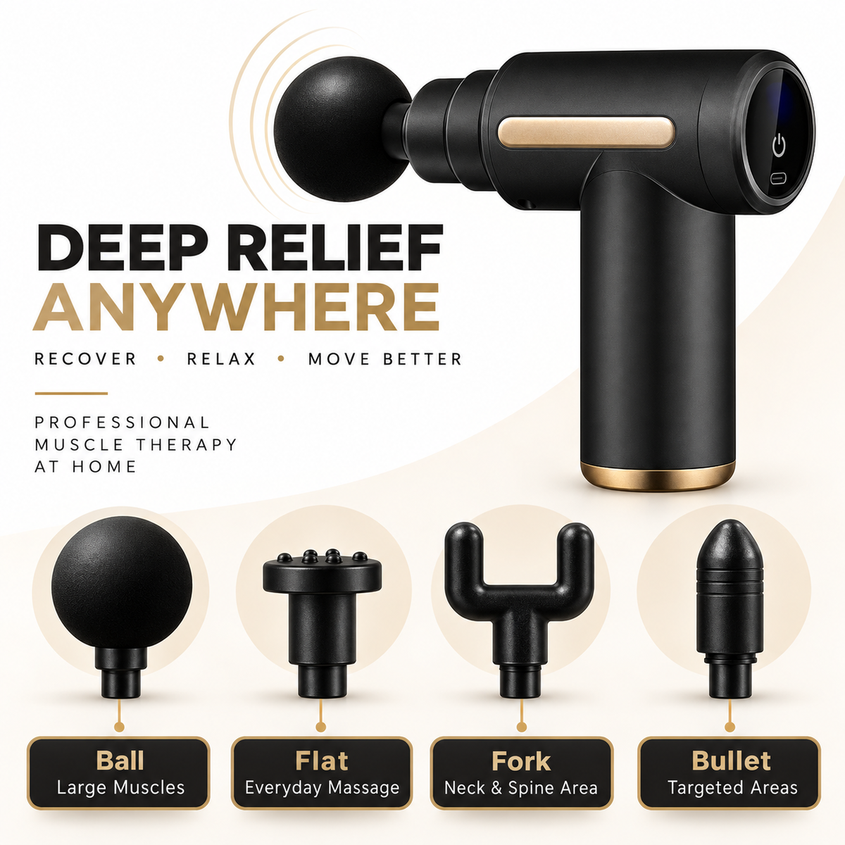 Rechargeable Mini Massage Gun with 4 Heads – Portable Deep Tissue Muscle Massager