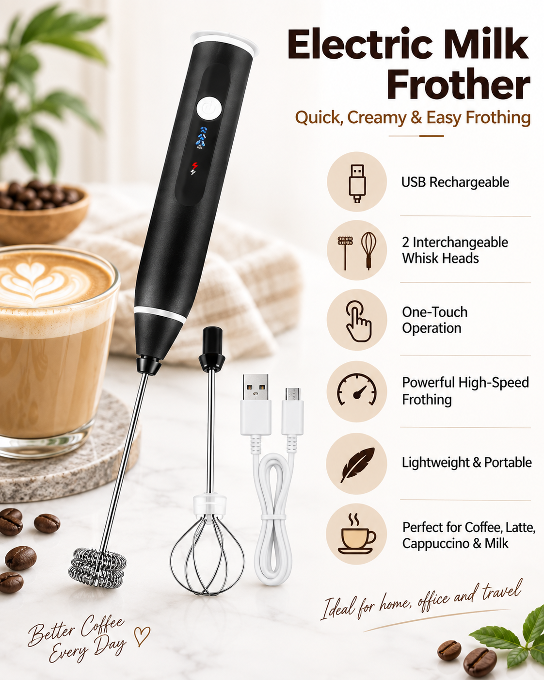 Rechargeable Coffee Beater & Milk Frother